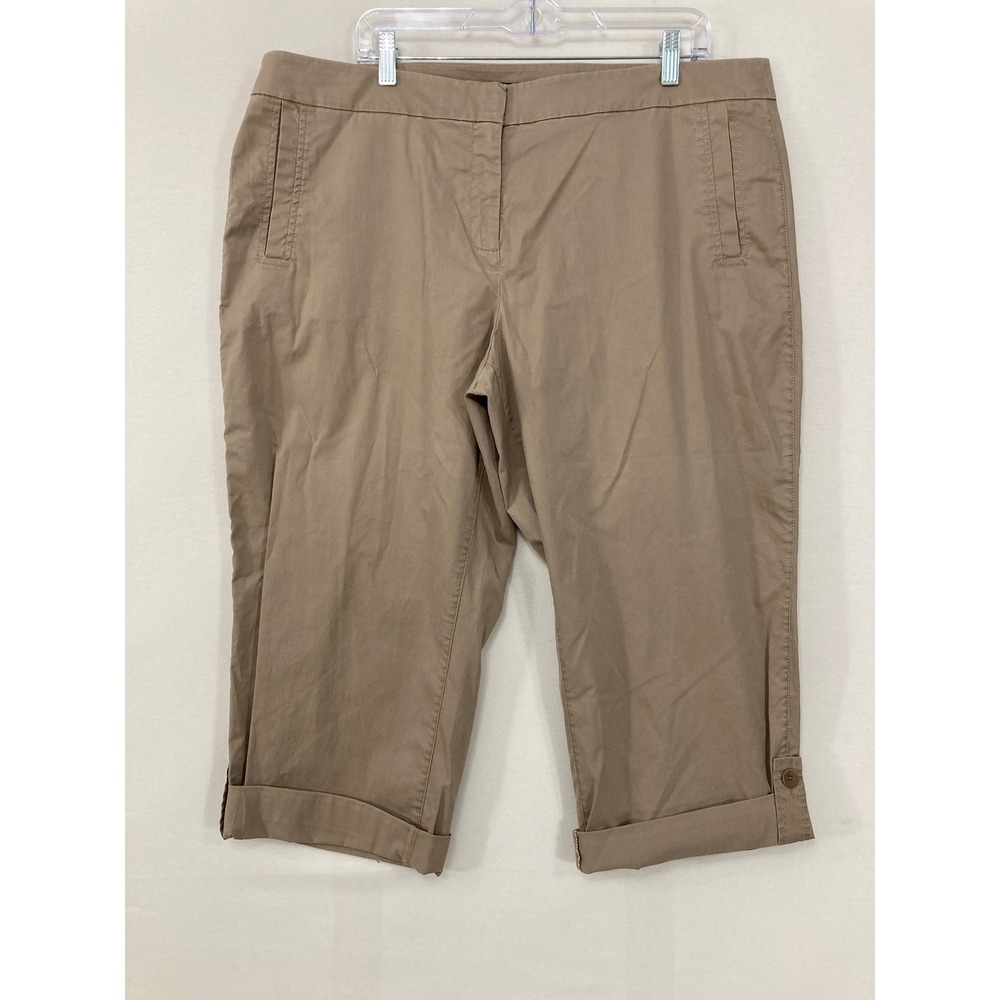 Eileen Fisher Cropped Pants 1X Tan Khaki Cuffed Button Hem Cotton Blend